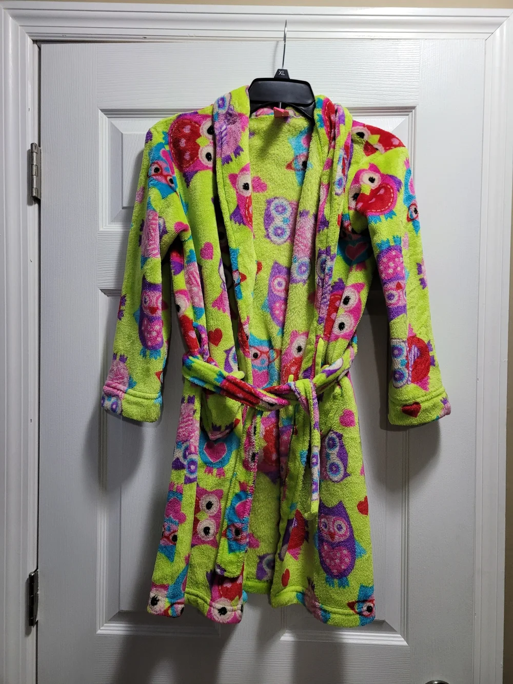 J. Khaki Lime Green Owl Plush Kids Robe with Multicolor Owls